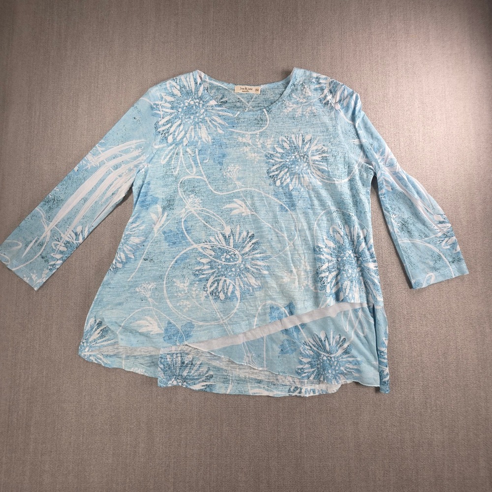 Jess & Jane Tunic Women PM Blue Floral Burnout Layered Asymmetric Top Long Slve